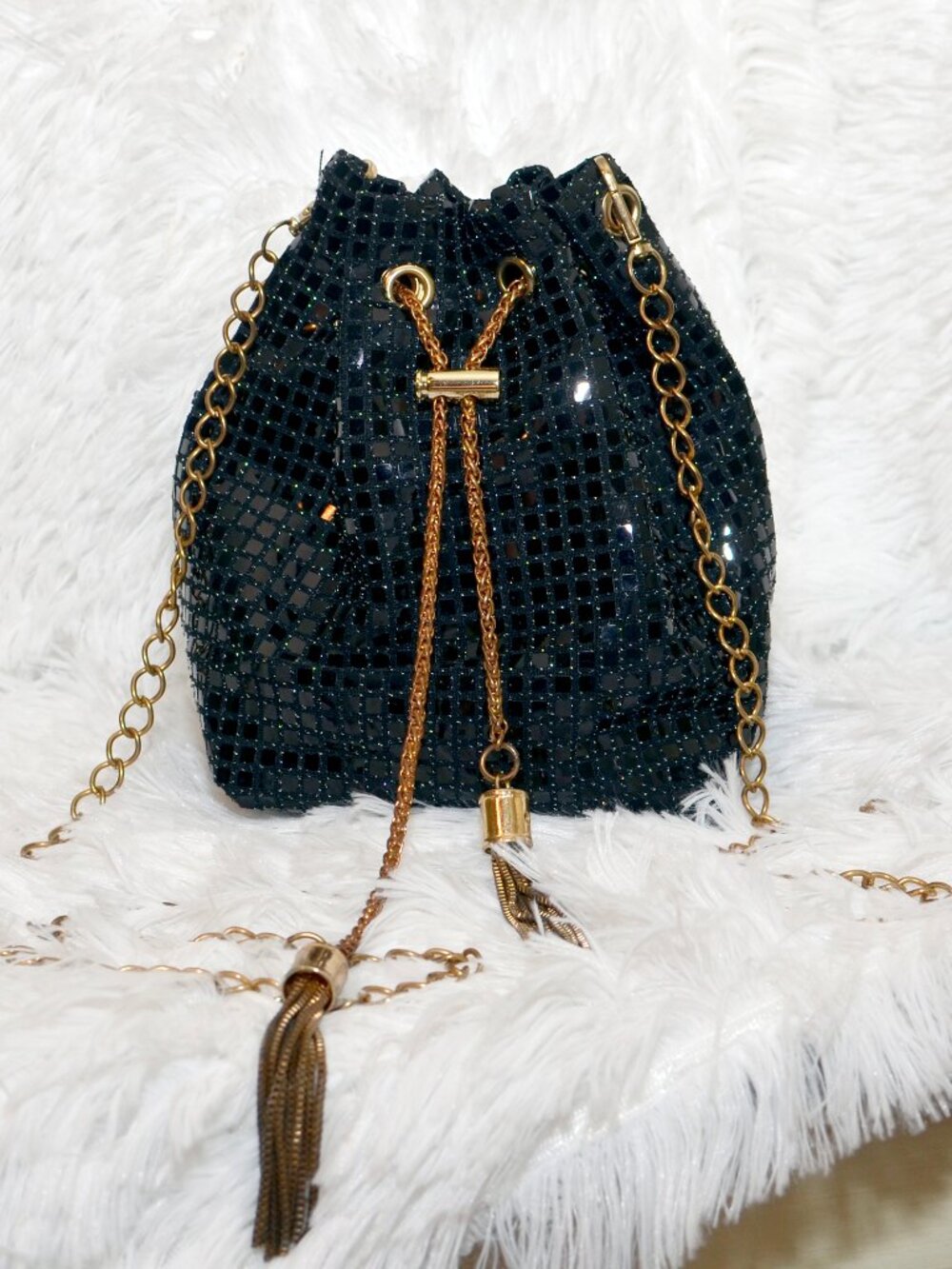 Black Sparkle Bucket Bag Purse With Chain Tassels & Shoulder Strap